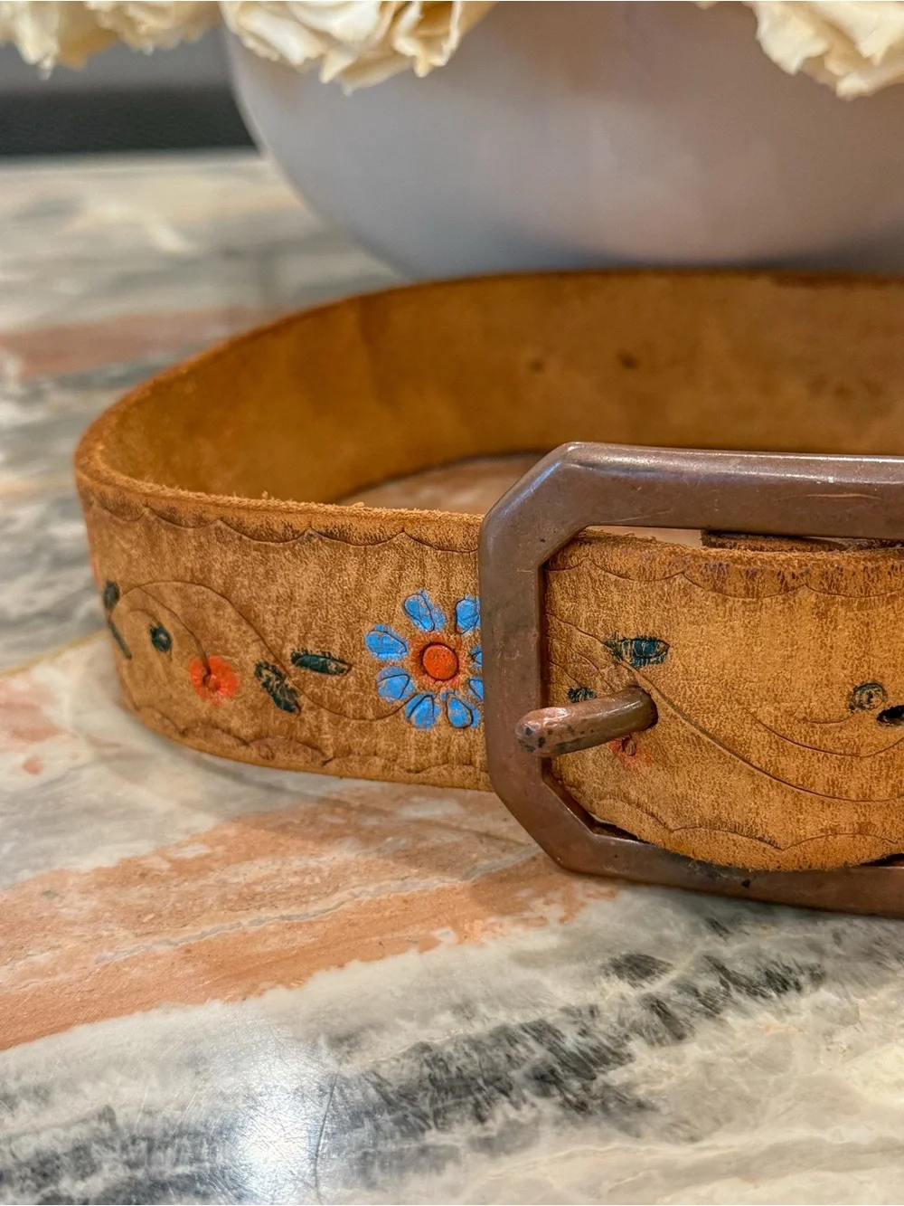 Vintage 1970s Hand Painted Tooled Leather Floral Belt XS Boho Hippie Western
